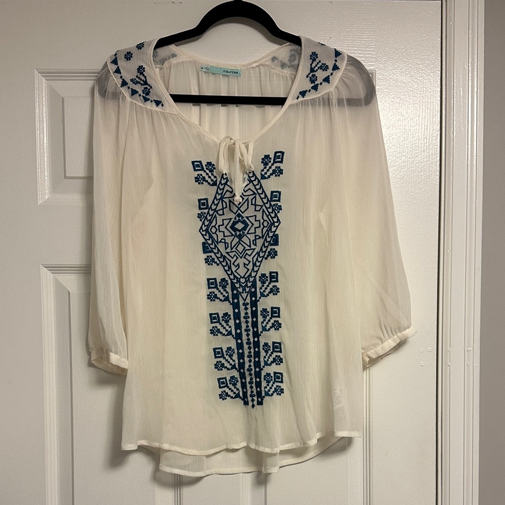 Maurices Boho Embroidered Sheer Peasant Blouse | Ivory & Blue